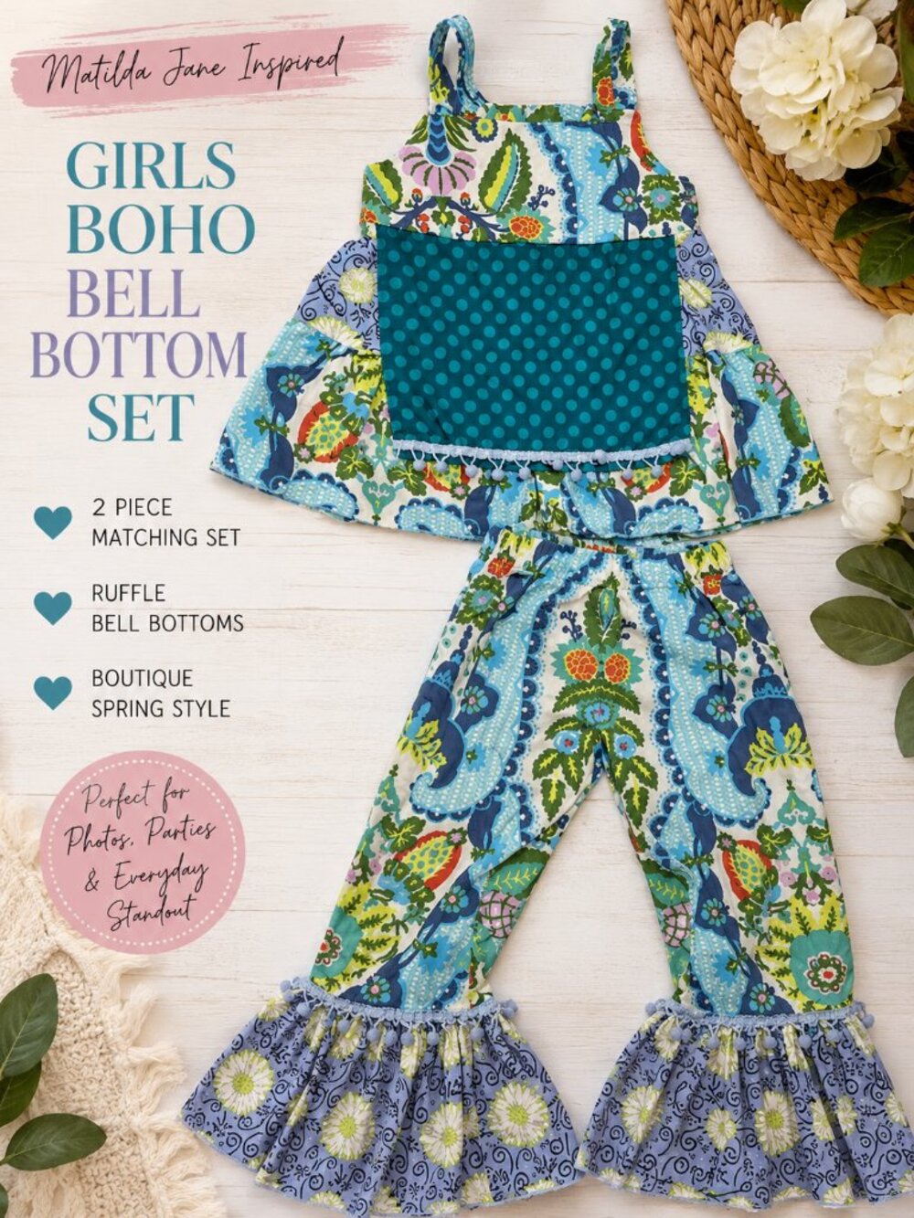 Matilda Jane Inspired Girls Floral Bell Bottom Set Boho Boutique Ruffle Outfit